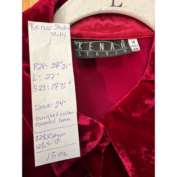VTG Kenar Studio Crushed Velvet Button Down Up Blouse Sz 14 Silk Holiday Red - Picture 12 of 12